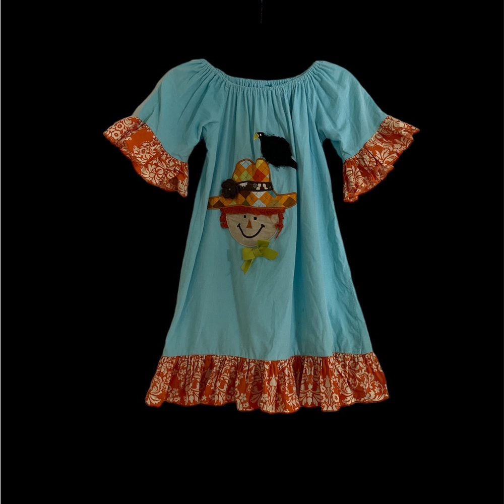 Is Jenns girls scarecrow Halloween thanksgiving applique holiday swing dress 8